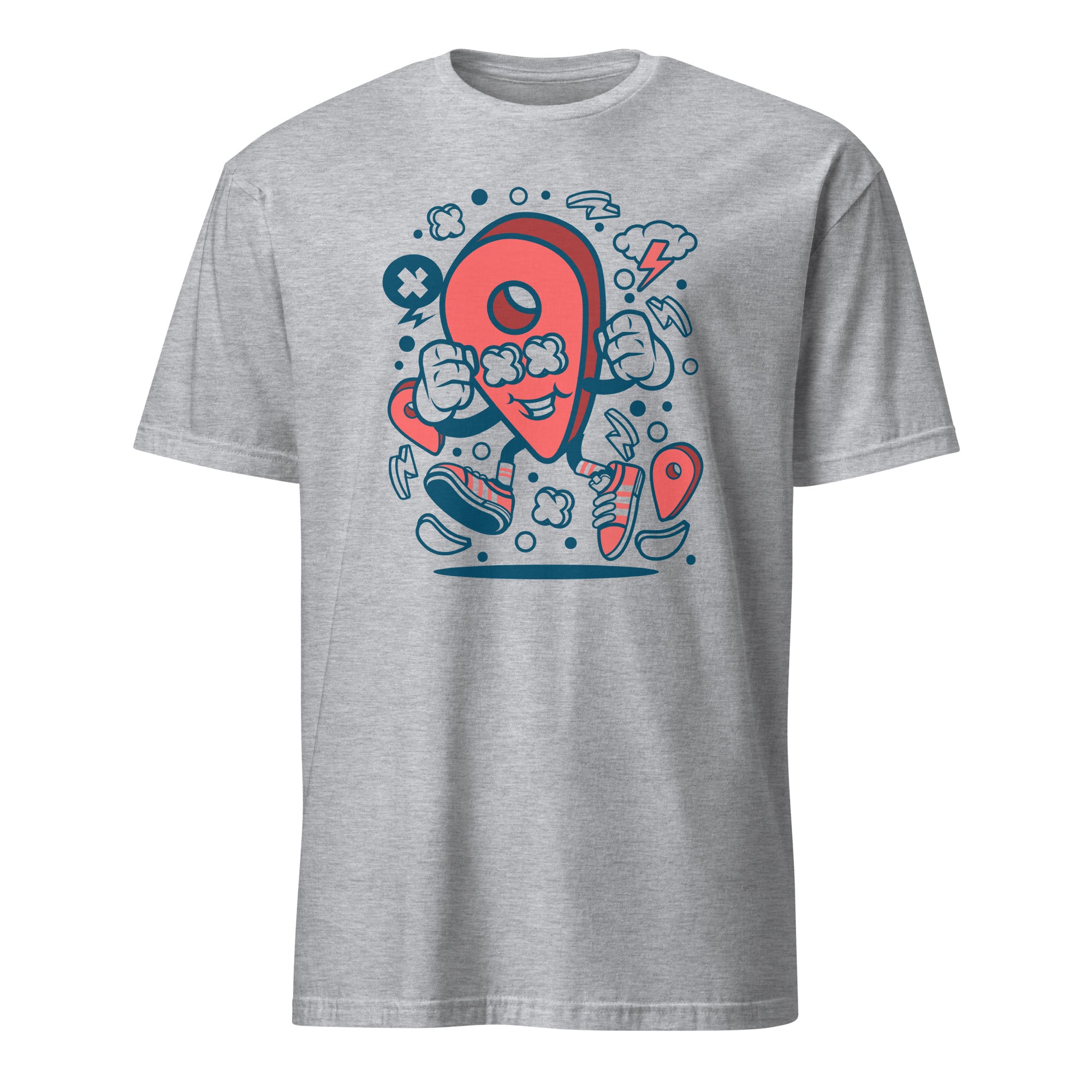 Sport Grey t-shirt with a colorful "location pin" graphic design on a white background