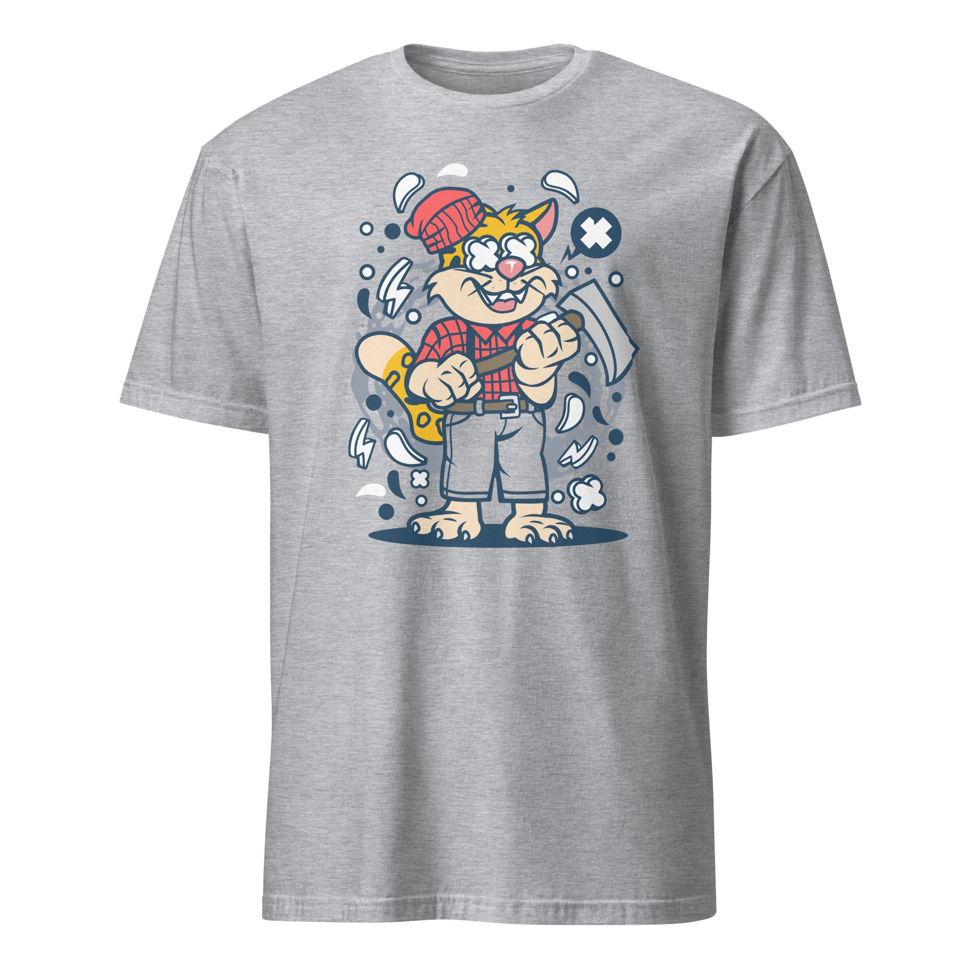 Sport Grey t-shirt with a cartoon character holding tools on a white background