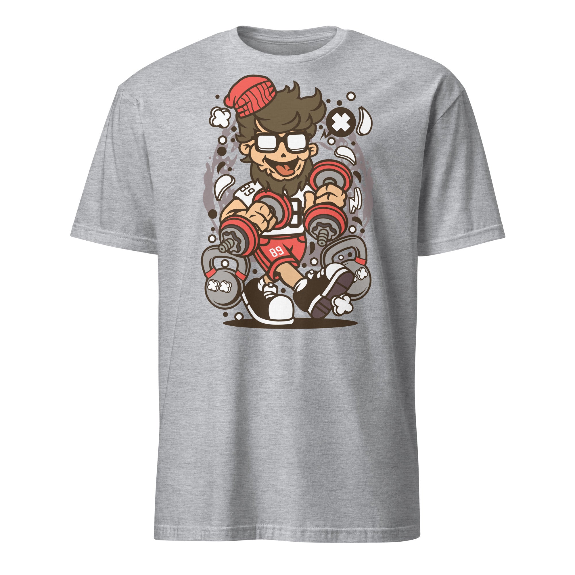 Sport Grey t-shirt with a cartoon character lifting weights on a white background