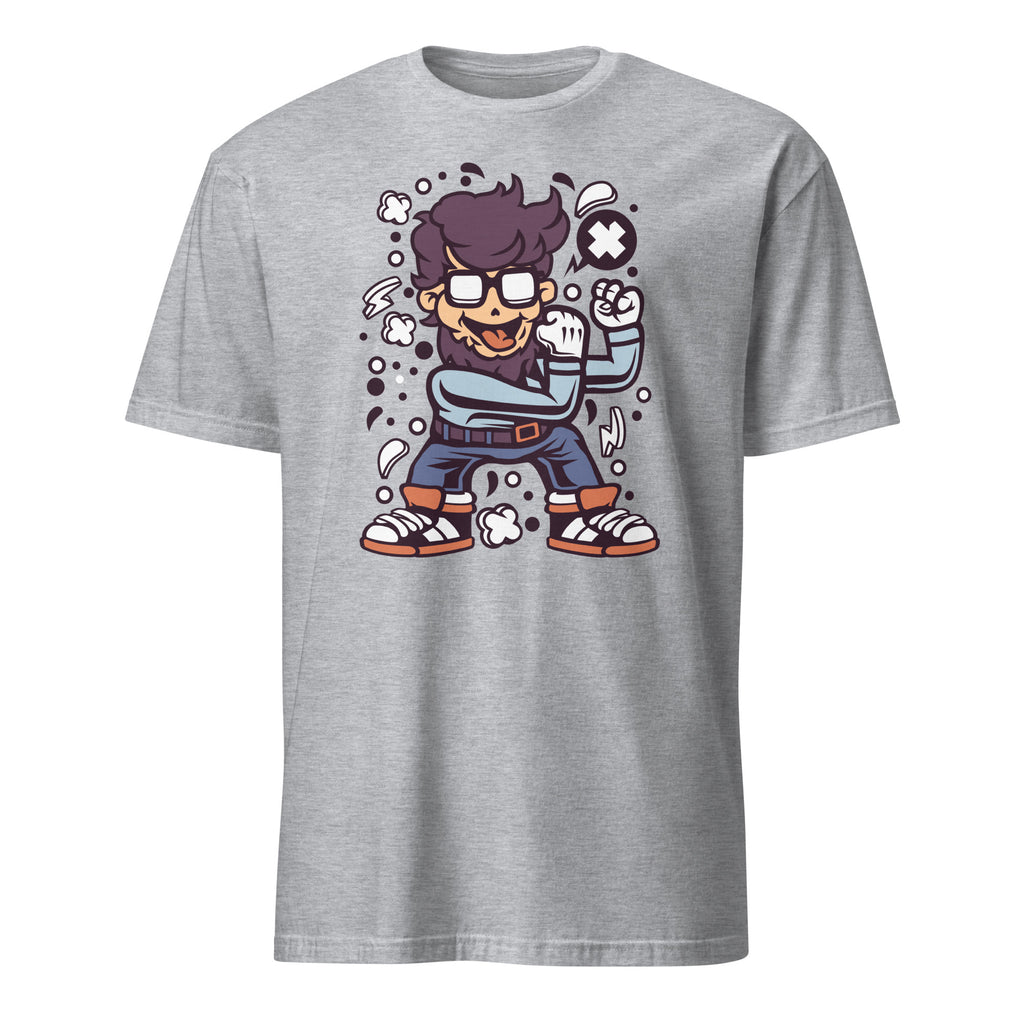 Sport Grey t-shirt with a cartoon character design on a white background