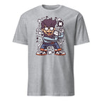 Sport Grey t-shirt with a cartoon character design on a white background