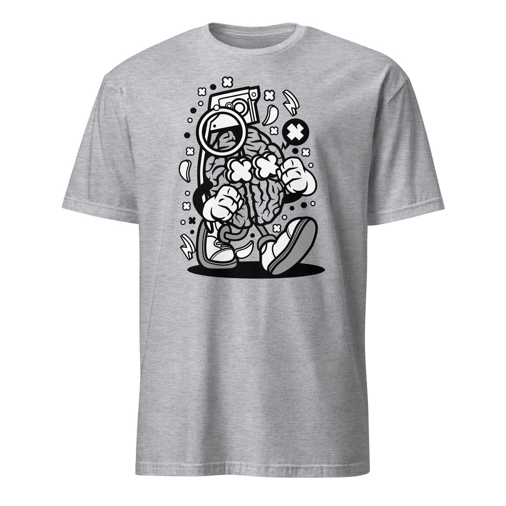 Sport Grey t-shirt with a black and white brain graphic design on a white background