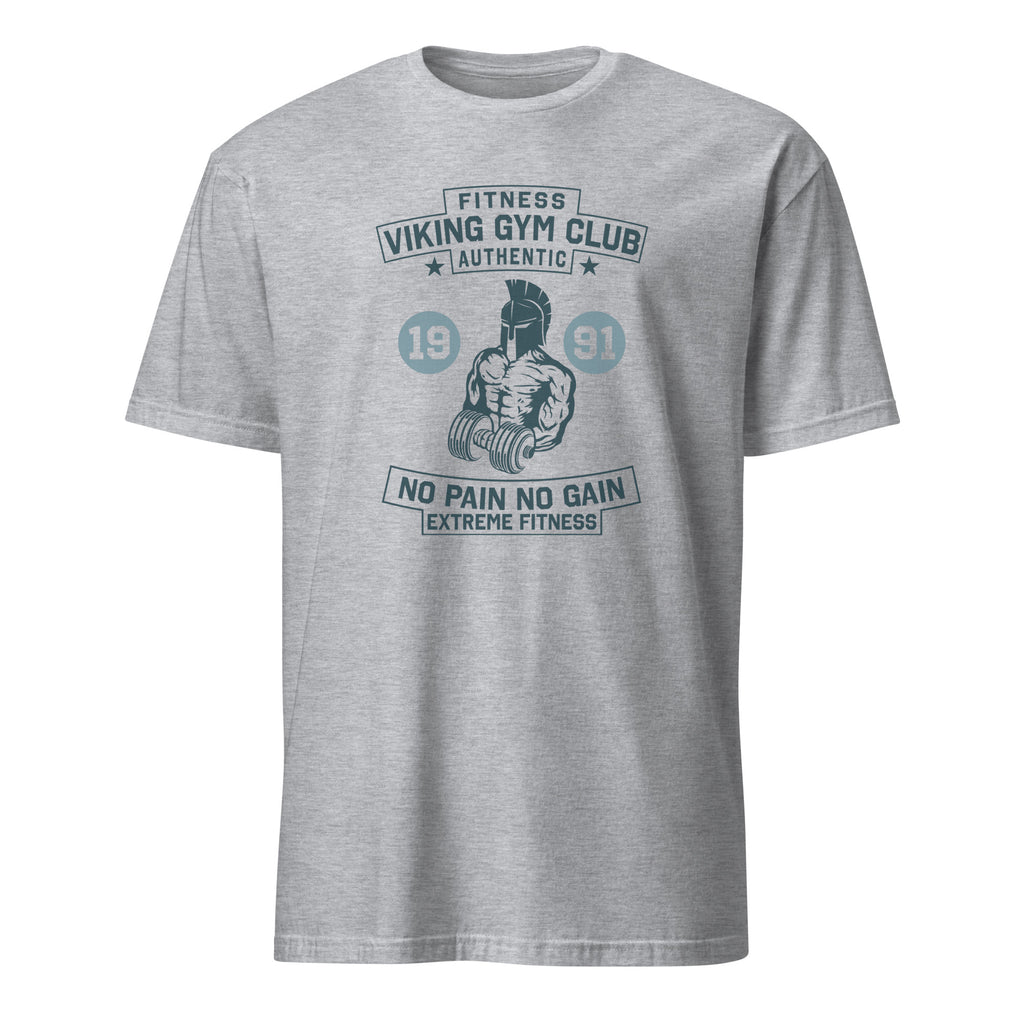 Sport Grey t-shirt with fitness-themed graphics and text on a white background