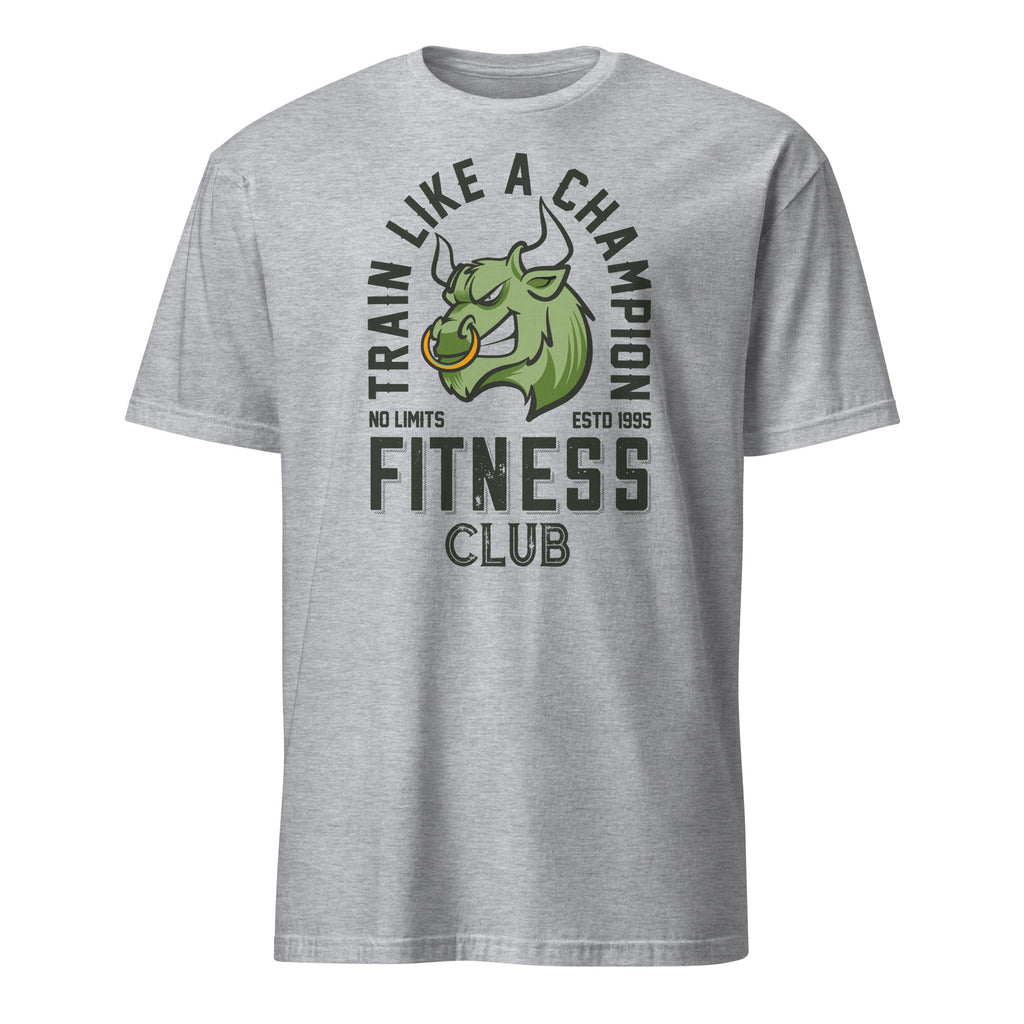 Sport Grey t-shirt with fitness club graphic and text on a white background