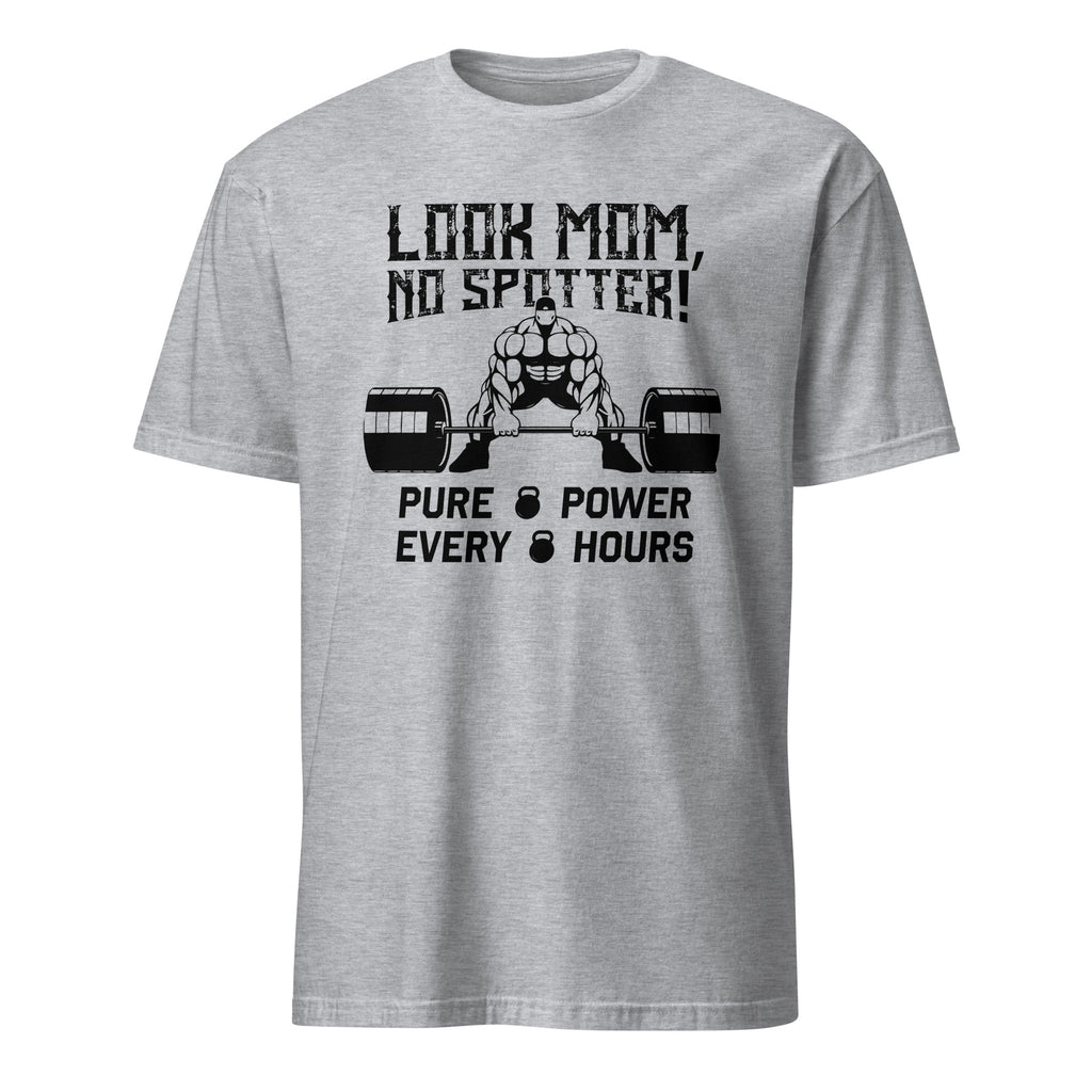 Sports Grey t-shirt with black graphic and "Look Mom No Spotter" text on a white background