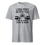 Sports Grey t-shirt with black graphic and "Look Mom No Spotter" text on a white background