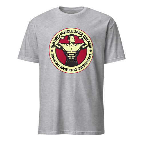 Sport Grey t-shirt with a circular graphic featuring a muscular man on a white background