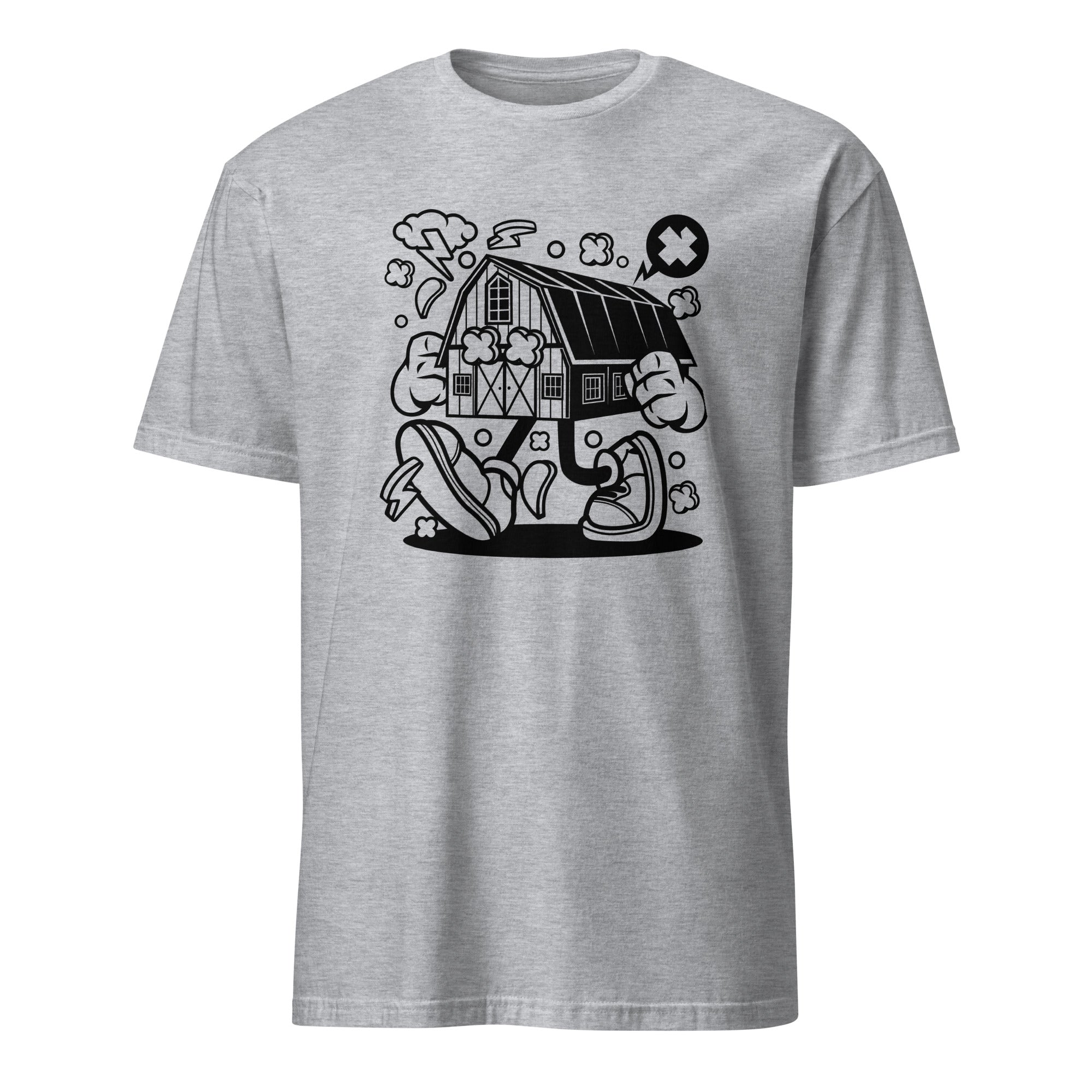 Sport Grey t-shirt with a black farmhouse graphic design on a white background