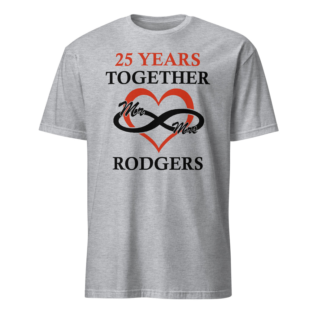 Sports Grey t-shirt with '25 Years Together' design featuring a heart and infinity symbol on a white background