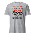 Sports Grey t-shirt with '25 Years Together' design featuring a heart and infinity symbol on a white background