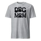 Ash  t-shirt with 'Dog Mom' text and paw prints on a white background