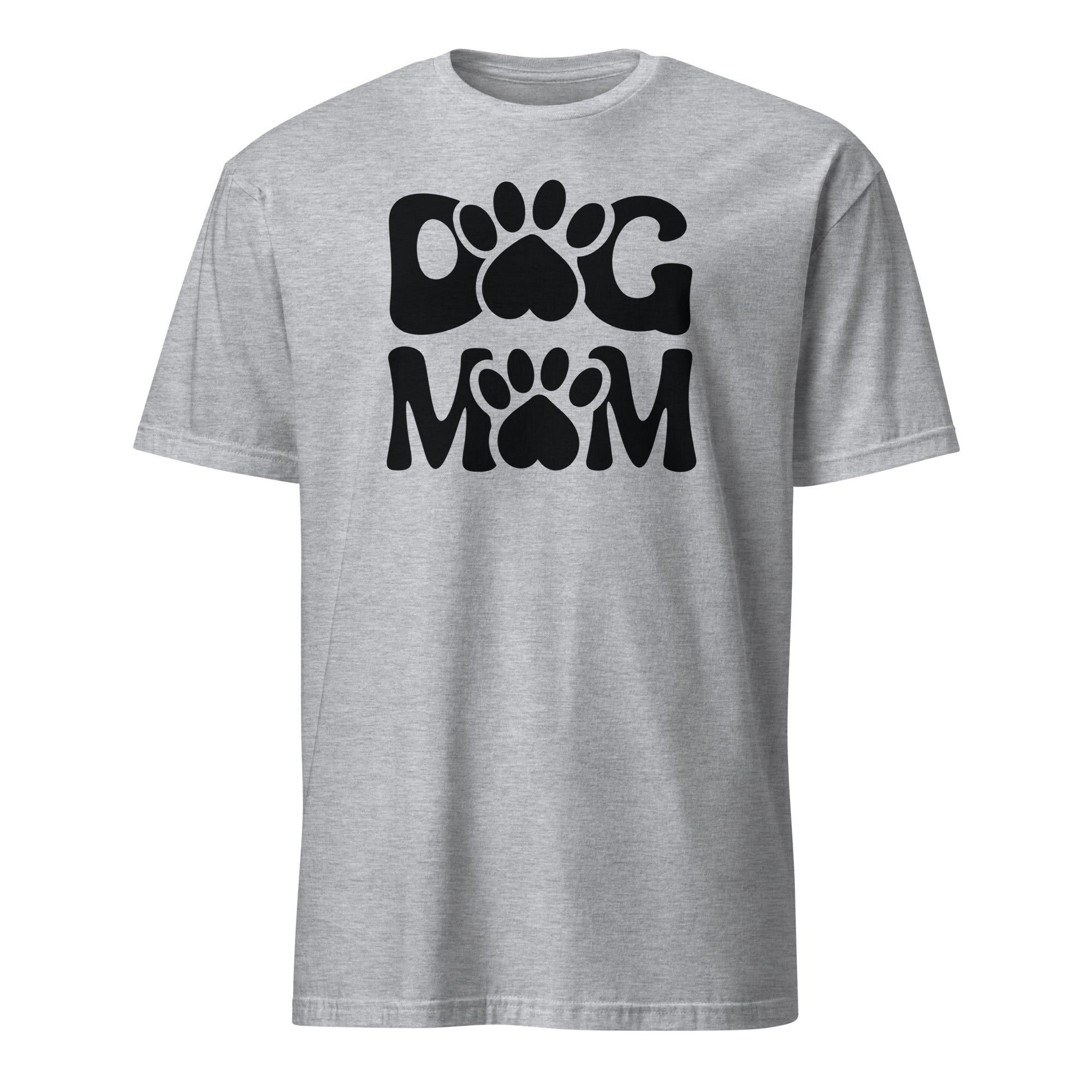 Ash  t-shirt with 'Dog Mom' text and paw prints on a white background