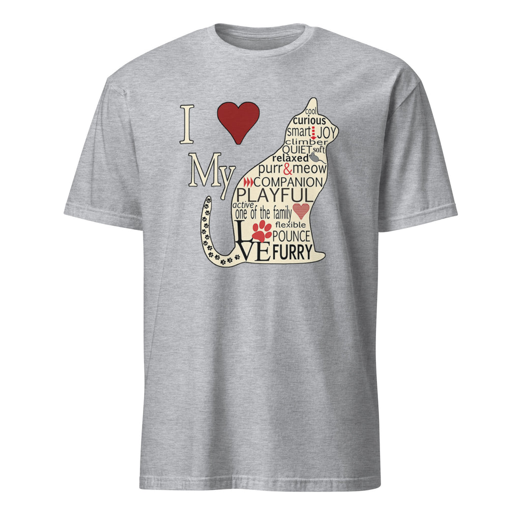 Gray t-shirt with a graphic design of a dog and text on a white background