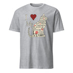Gray t-shirt with a graphic design of a dog and text on a white background