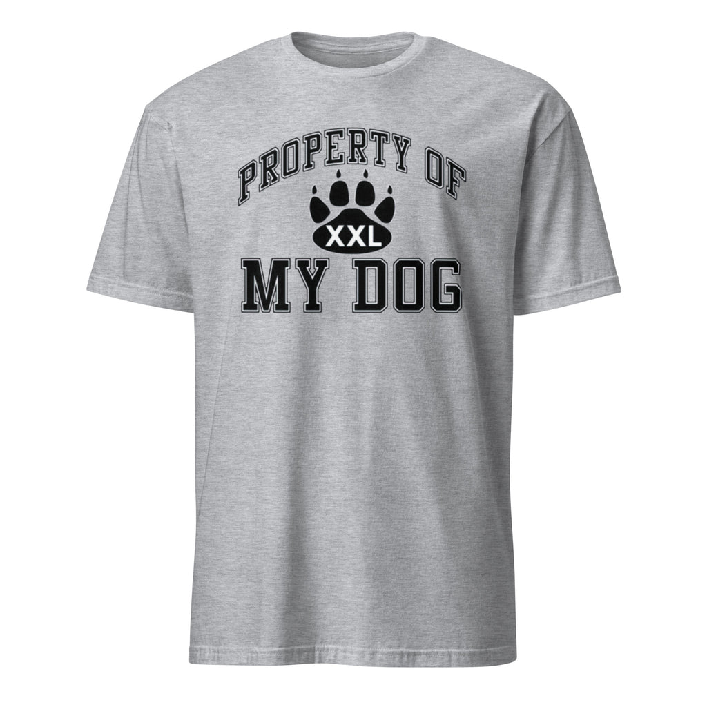 Gray t-shirt with 'Property of My Dog' text and paw print design on a white background