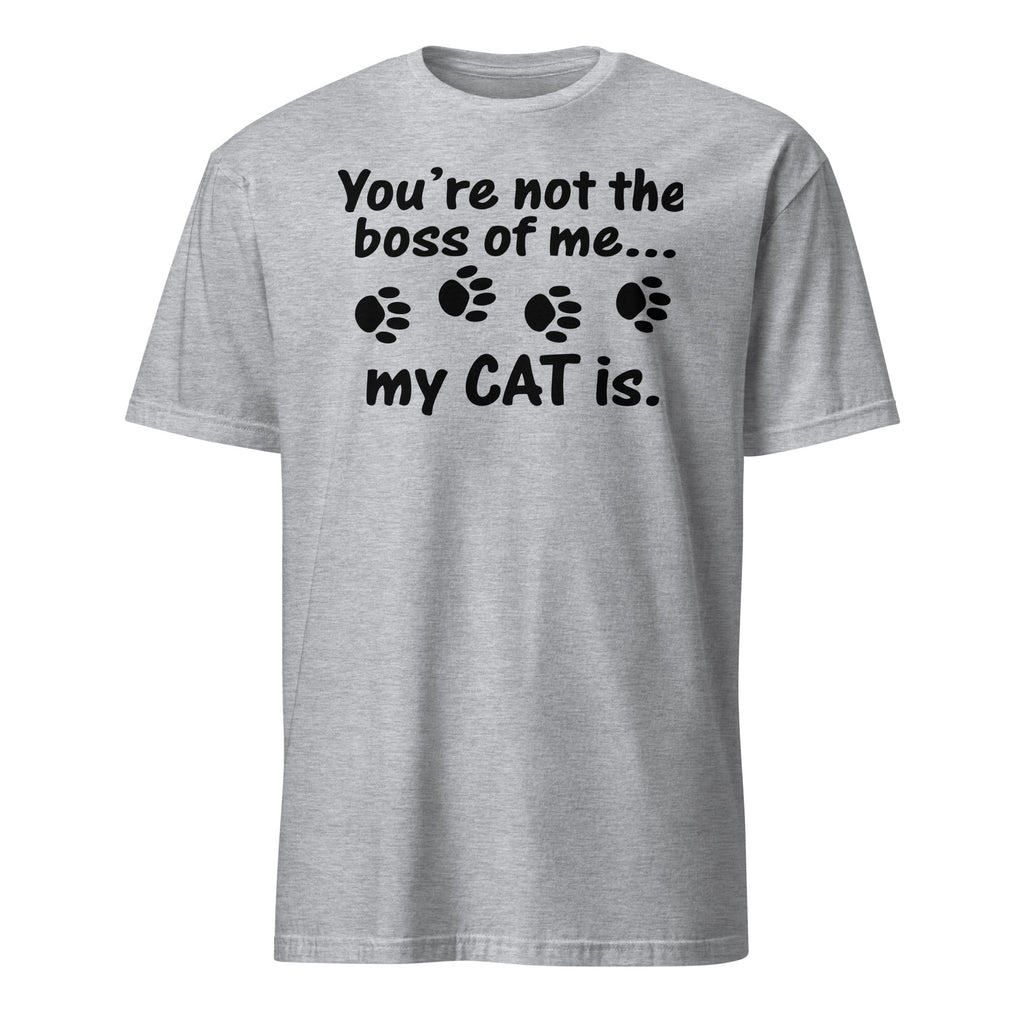 Gray t-shirt with black text and paw prints on a white background
