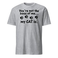 Gray t-shirt with black text and paw prints on a white background