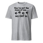 Gray t-shirt with black text and paw prints on a white background