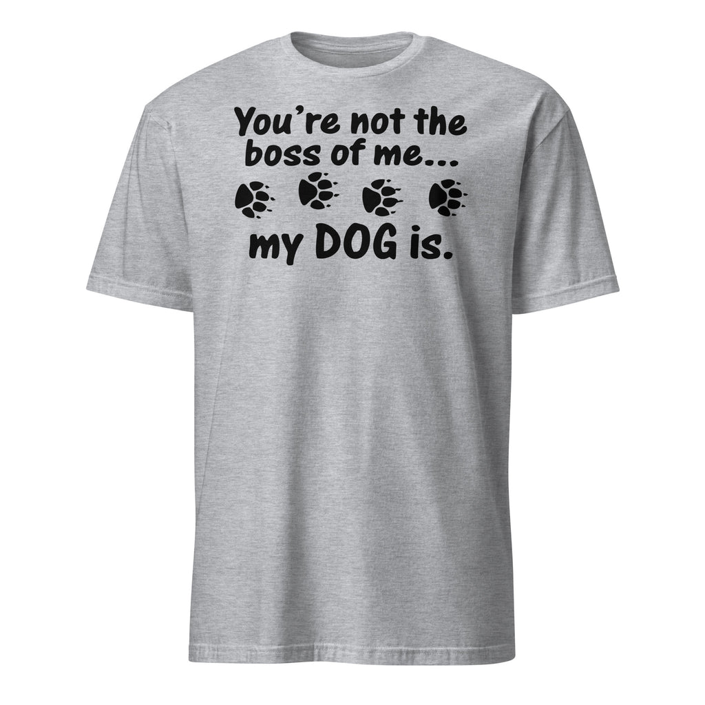 Gray t-shirt with black text and paw prints on a white background