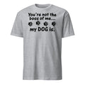 Gray t-shirt with black text and paw prints on a white background