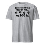 Gray t-shirt with black text and paw prints on a white background