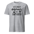 Gray t-shirt with black text on a white background