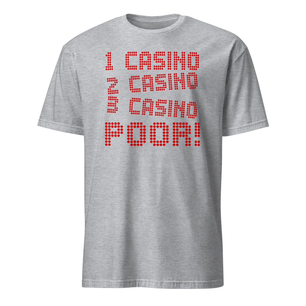 Gray t-shirt with red text on a white background