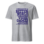 Gray t-shirt with blue text on a white background