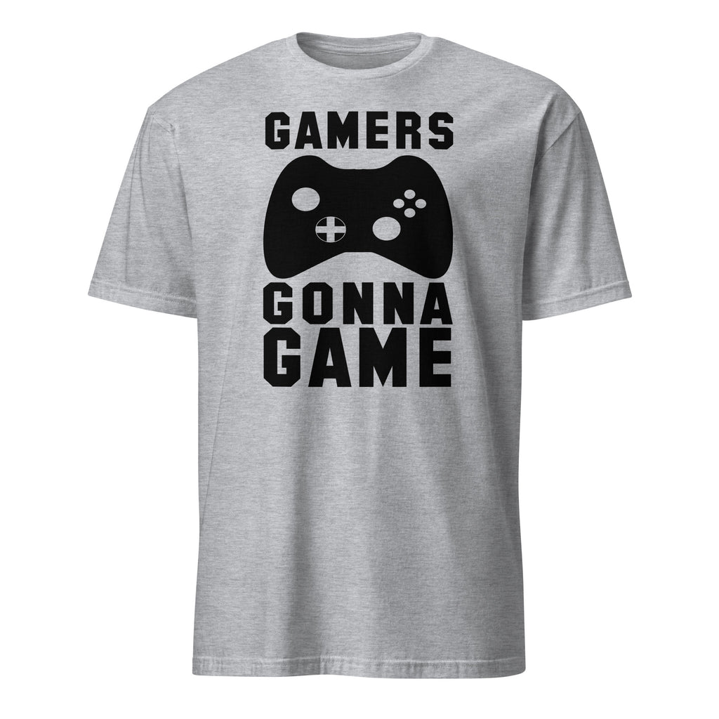 Gray t-shirt with 'GAMERS GONNA GAME' text and game controller graphic on a white background