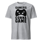 Gray t-shirt with 'GAMERS GONNA GAME' text and game controller graphic on a white background