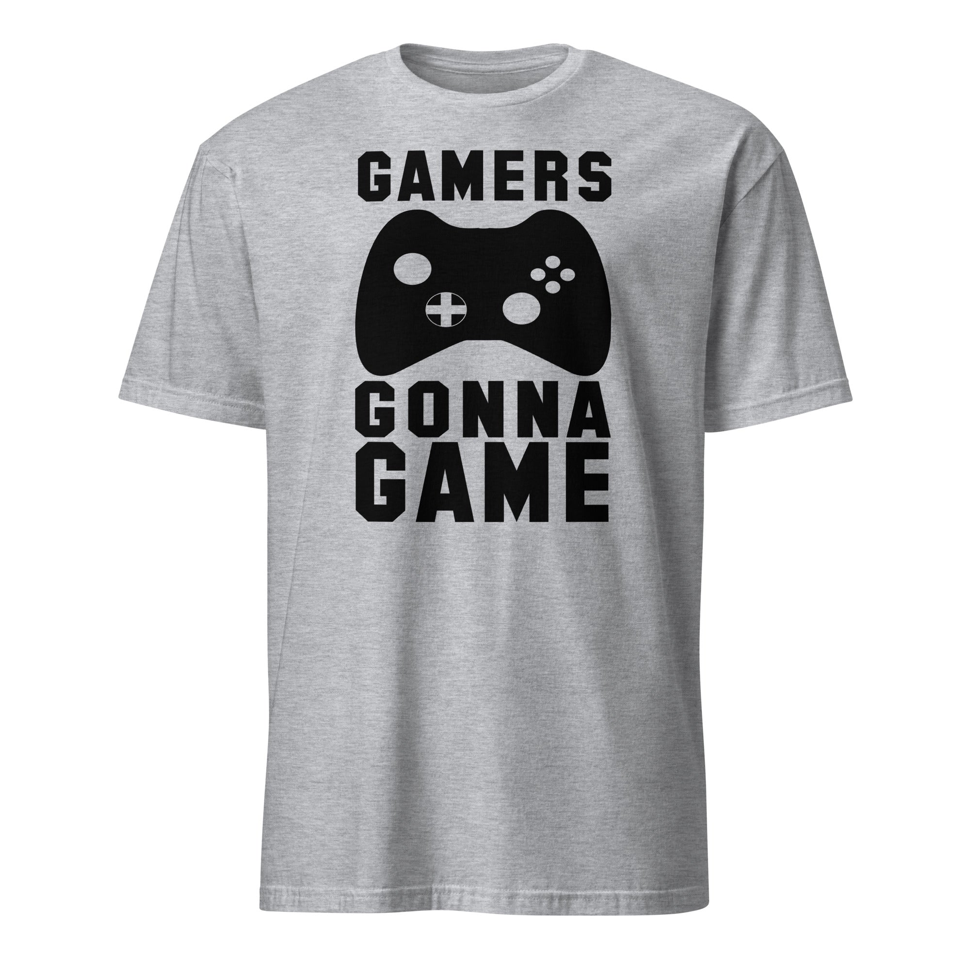 Gray t-shirt with 'GAMERS GONNA GAME' text and game controller graphic on a white background