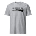 Gray t-shirt with black text and guitar graphic on a white background