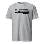 Gray t-shirt with black text and guitar graphic on a white background