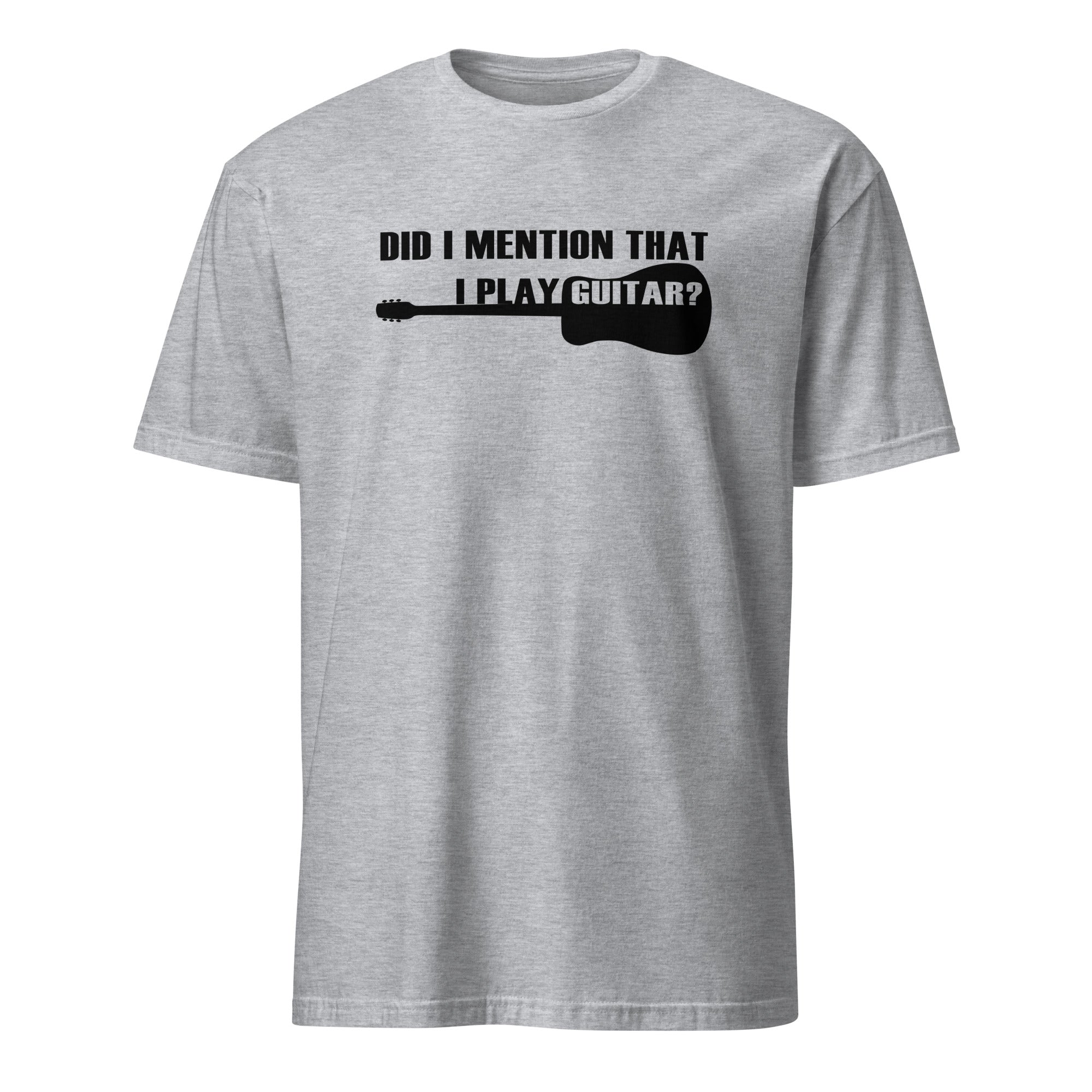 Gray t-shirt with black text and guitar graphic on a white background