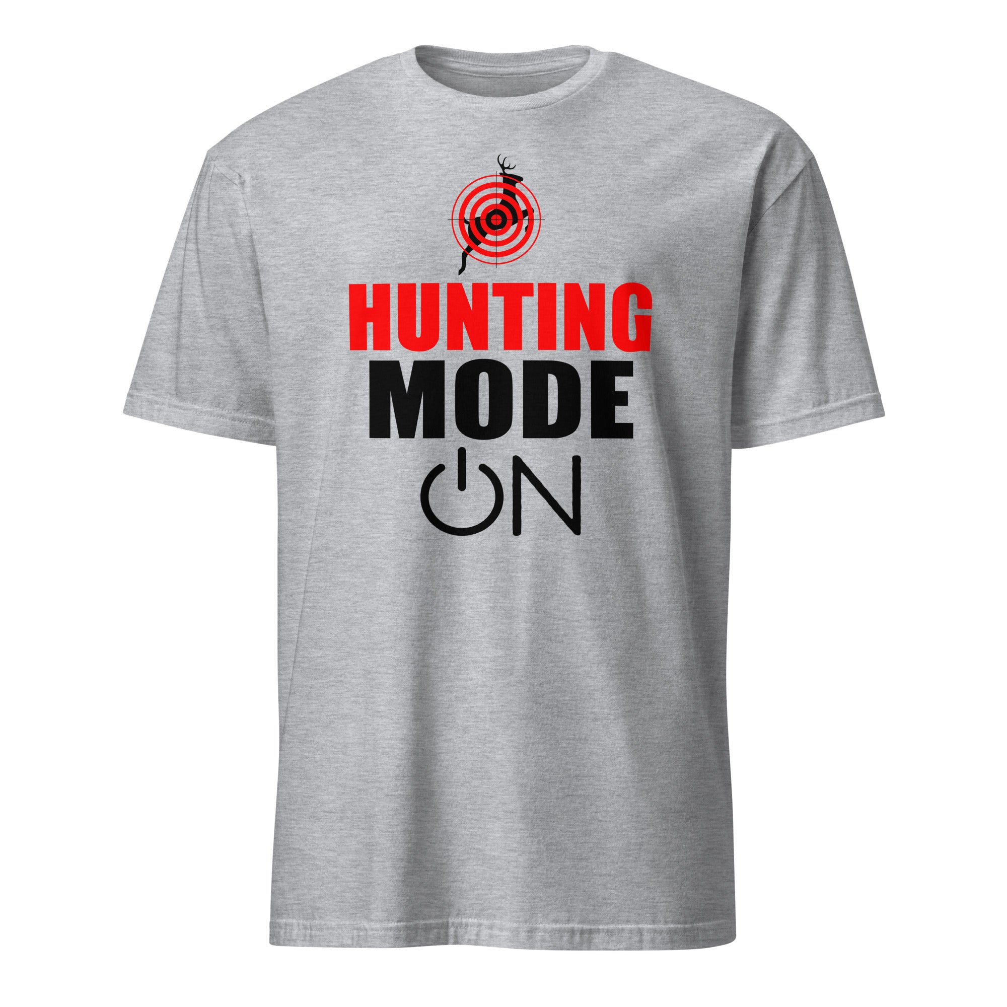 Sport Grey t-shirt with 'Hunting Mode On' graphic and text on a white background