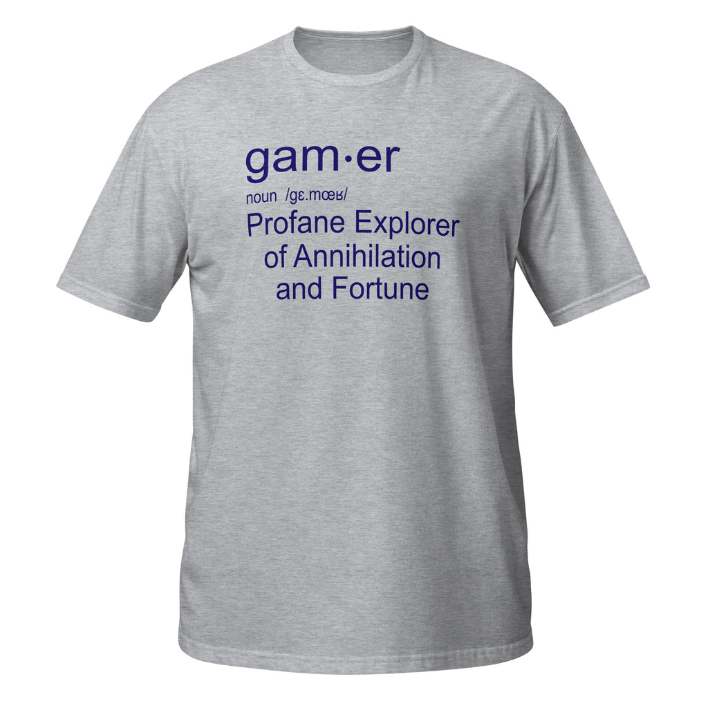 Sports Grey t-shirt with blue Gamer Definition text on a white background