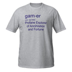 Sports Grey t-shirt with blue Gamer Definition text on a white background