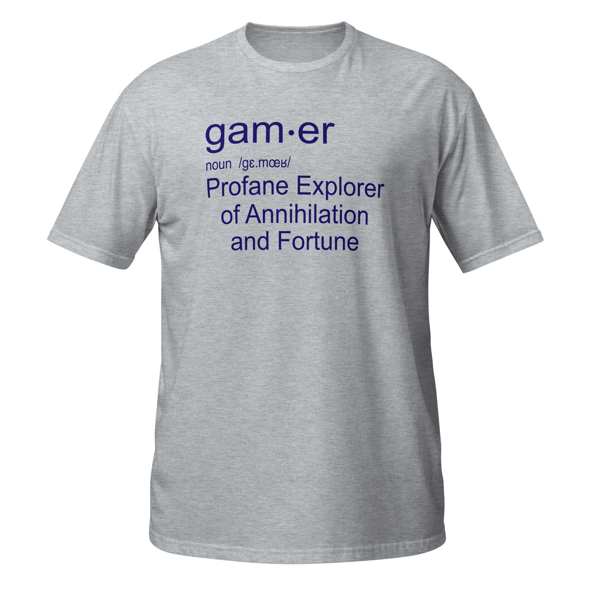 Sports Grey t-shirt with blue Gamer Definition text on a white background