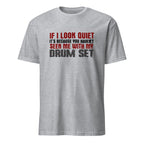 Gray t-shirt with humorous text design on a white background