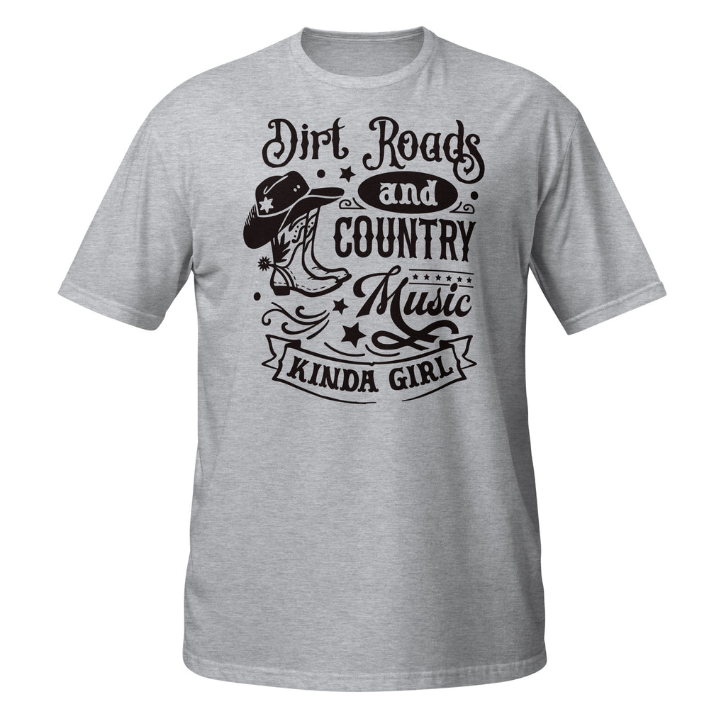 Gray t-shirt with black graphic and text on a white background