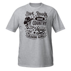 Gray t-shirt with black graphic and text on a white background