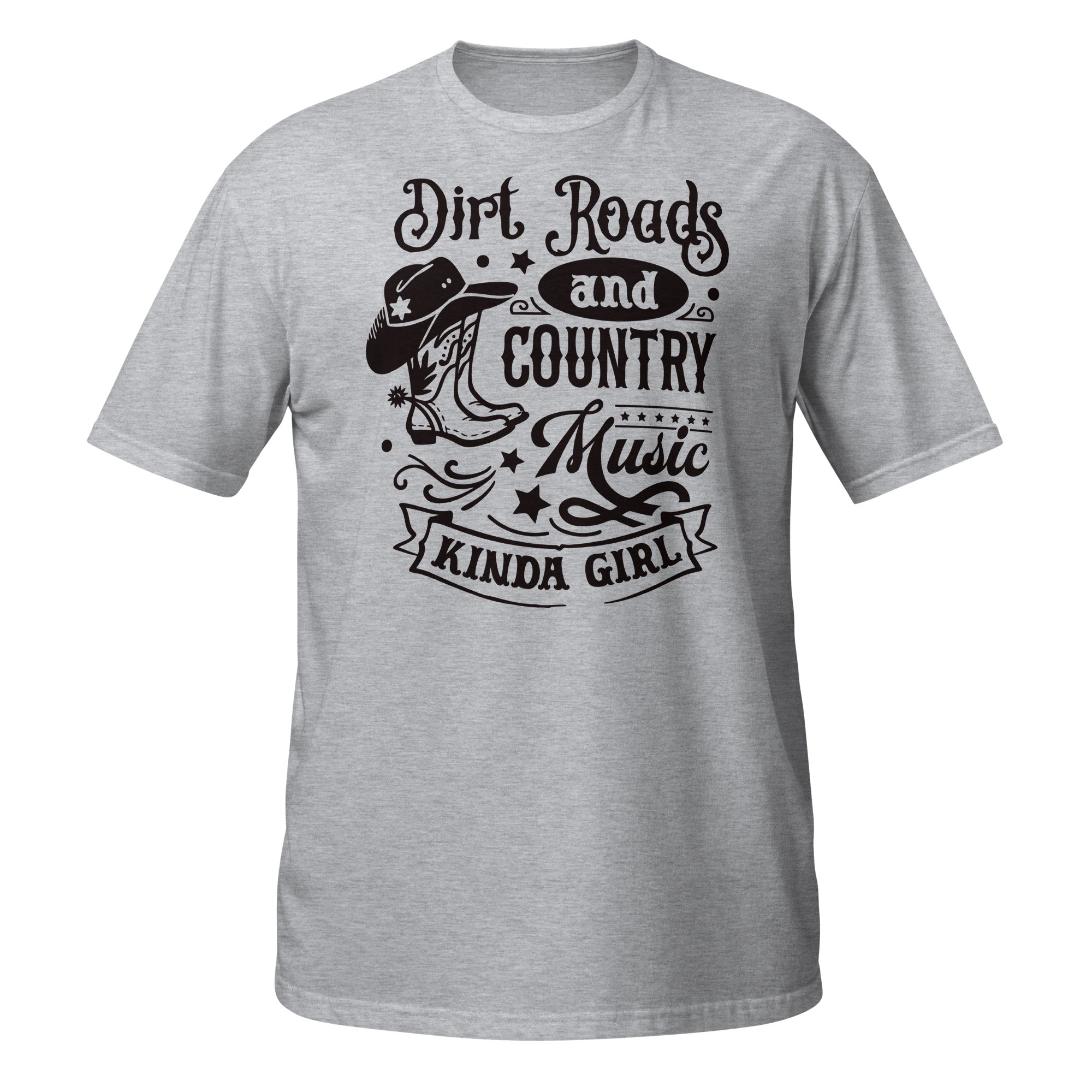 Gray t-shirt with black graphic and text on a white background