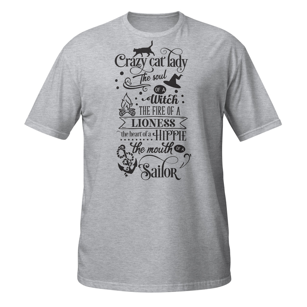 Gray t-shirt with black text and graphics on a white background