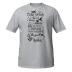 Gray t-shirt with black text and graphics on a white background