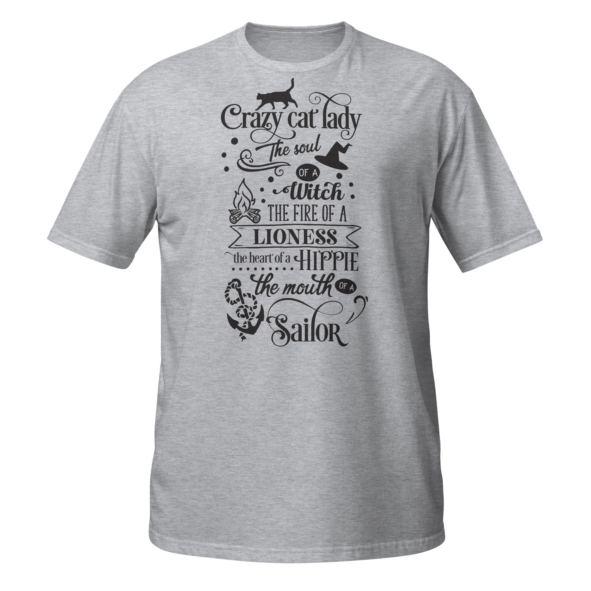 Gray t-shirt with black text and graphics on a white background