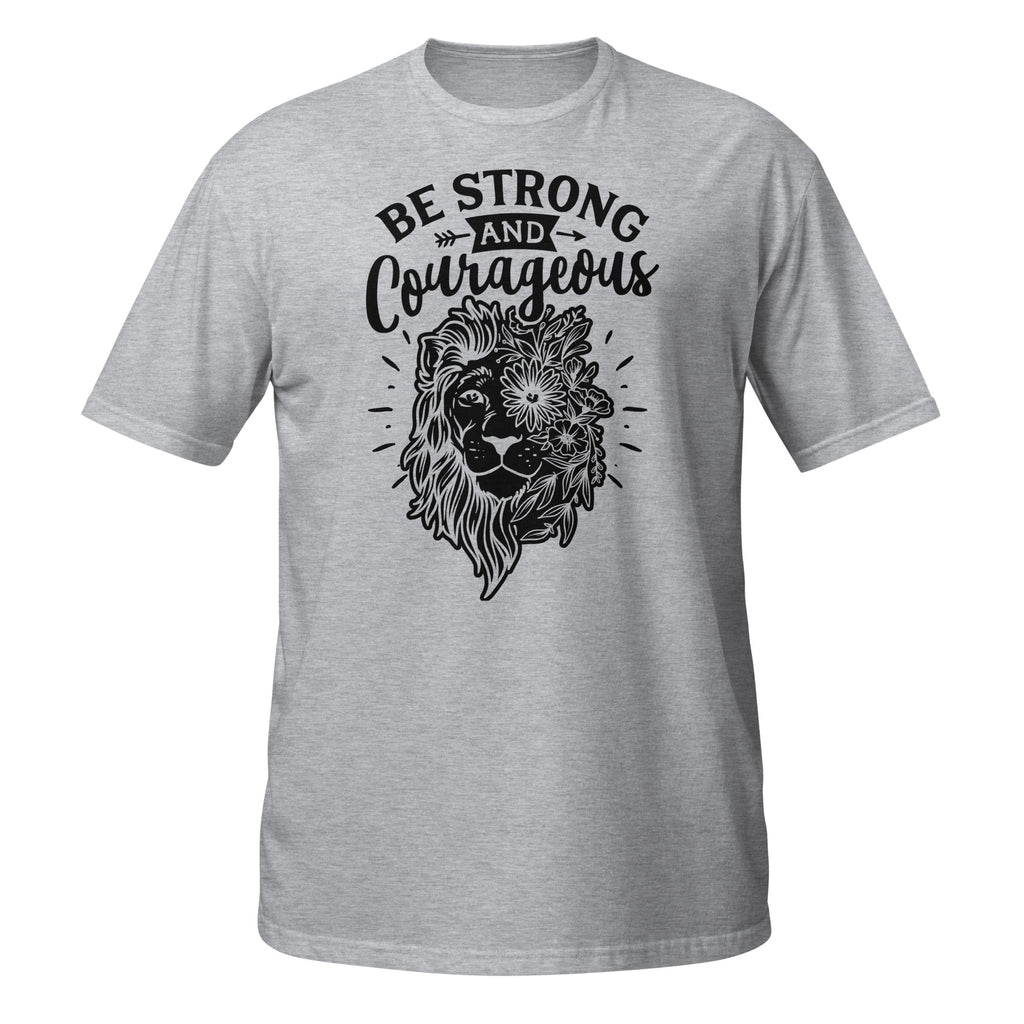 Gray t-shirt with a lion graphic and 'Be Strong and Courageous' text on a white background