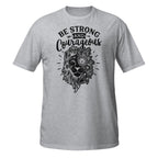Gray t-shirt with a lion graphic and 'Be Strong and Courageous' text on a white background