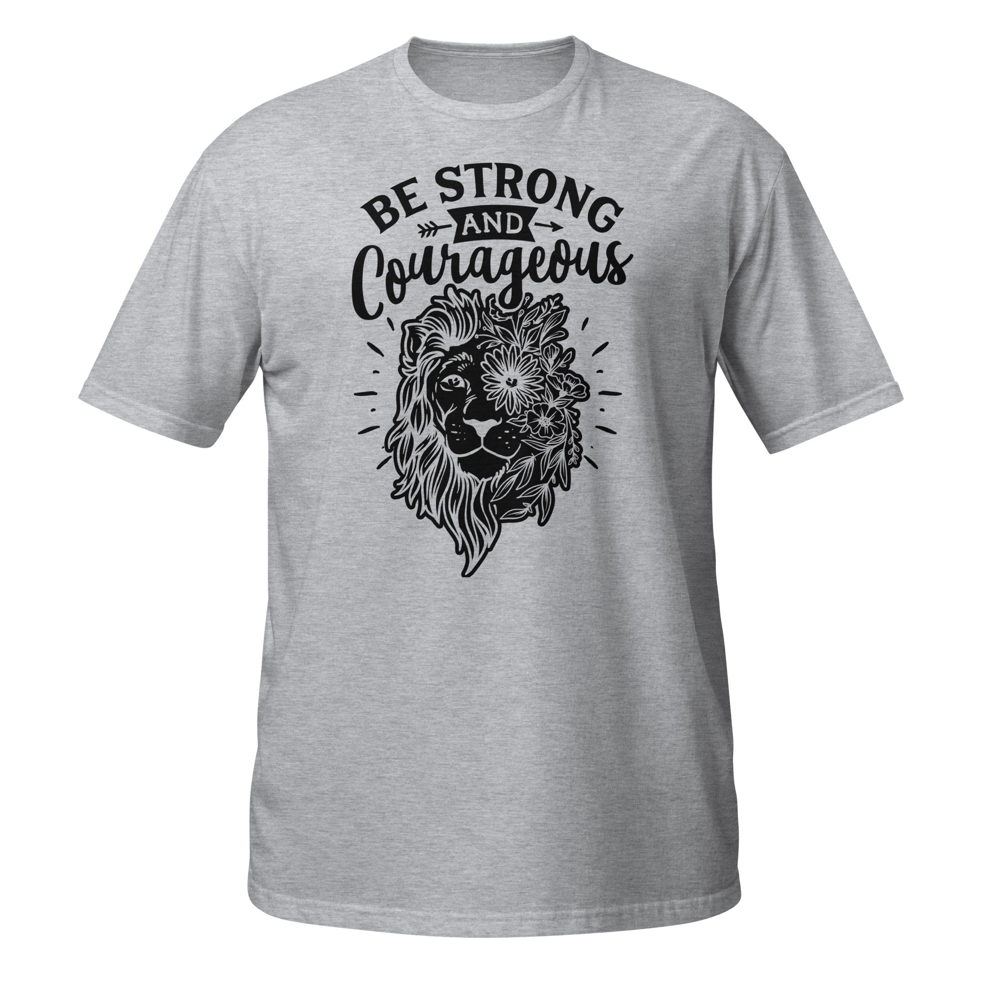 Gray t-shirt with a lion graphic and 'Be Strong and Courageous' text on a white background