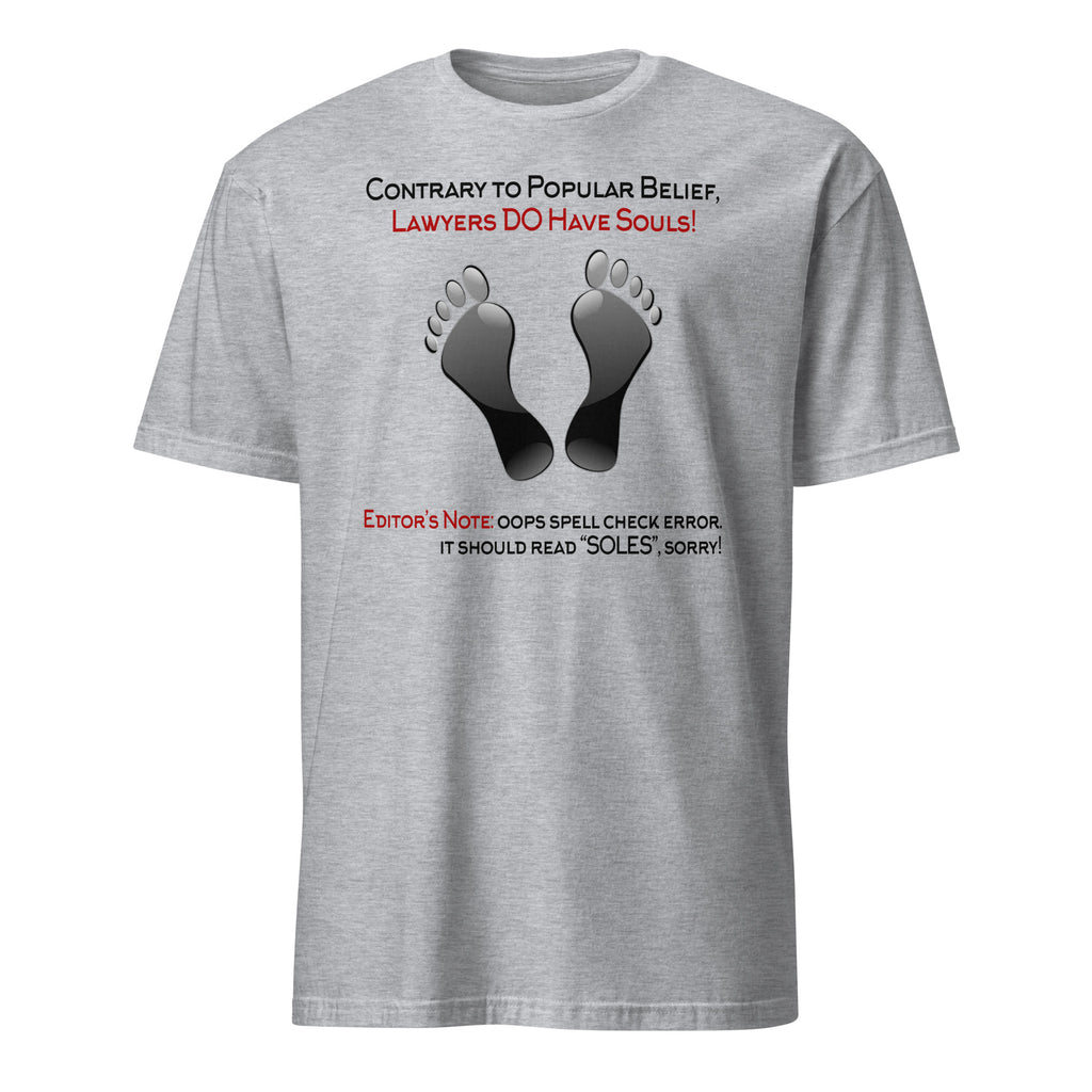 Gray t-shirt with text and footprints on a white background
