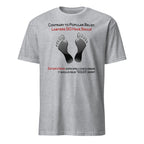 Gray t-shirt with text and footprints on a white background